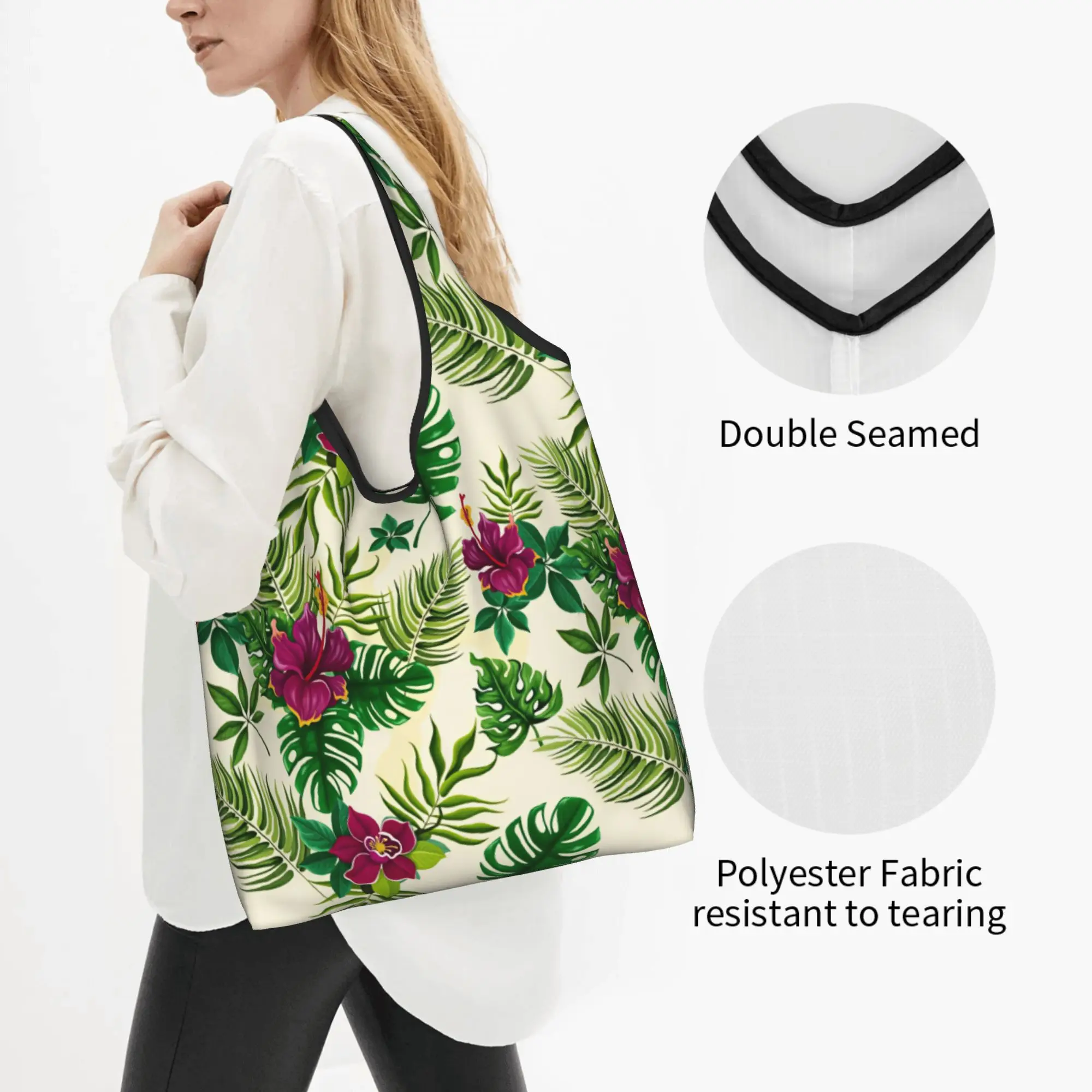 Palm Leaves And Flowers Tropical Plants Groceries Shopping Tote Bags Women Custom  Shopper Shoulder Bags Big Capacity Handbag