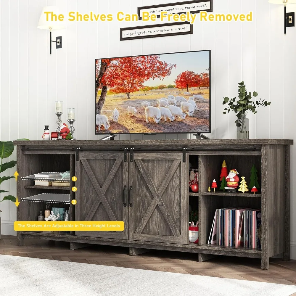 70In Farmhouse TV Stands for 70 75 80inch TV w/Adjustable Shelves,Sliding Barn Door.Rustic Wooden Entertainment Center,TV Consol