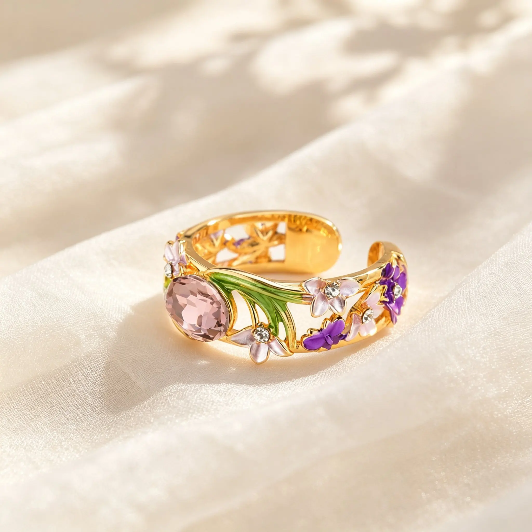 Boho Vintage Enamel Flower Bracelet For Women Gold Plated Colorful Crystal Zircon Open Ring Romantic Luxury Jewelry Gift