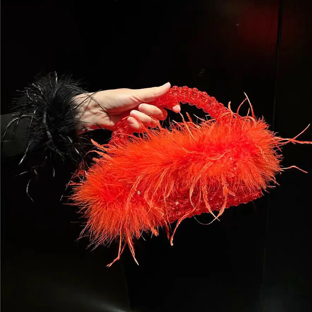 Parel kralen tas met veren bont Designer merk helder acryl kristal stenen doos Tote handtas vrouwen handgemaakte feesttas