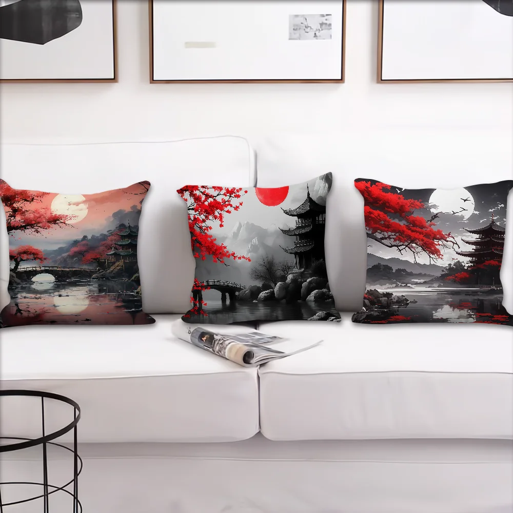 Japanese Building landscape red cushion cover For Pillow Printing Sofa Decoration Home Room Coffee Shop Office Nordic Simplicity
