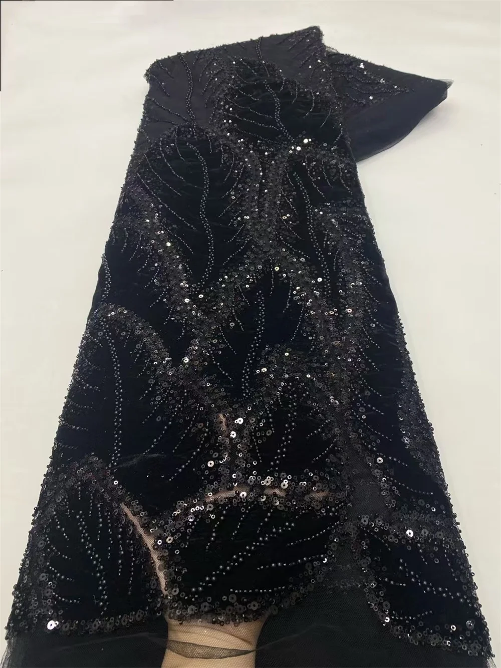 Luxury Velvet Lace Fabric 5 Yars High Quality 2024 Black Beaded Lace Fabric Fashion Sequin African Laces Fabric For Women A791-1