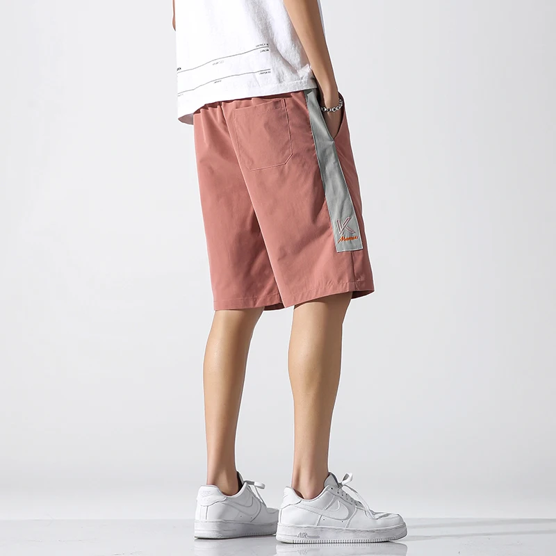 Men\'s Clothing Contrast Color Letter Pockets High Waisted Casual Elastic Summer Sweatpants Straight Boyfriend Vintage Shorts