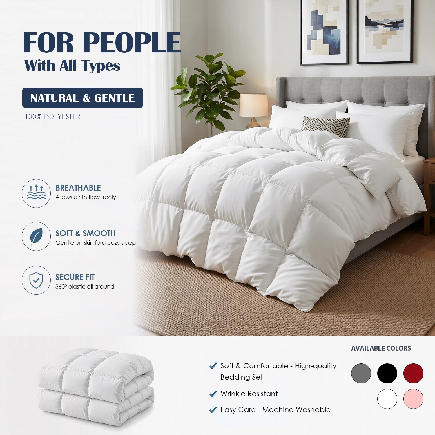 Comforter Duvet Insert, Quilted All-Season Comforter, Twin/Full/Queen/King, Down Alternative Bedding Blanket with 8 Tabs, Soft Cozy Warm, Machine Washable, Christmas & Halloween Home Decor, Bedroom & Guest Room, Gift for Women & Men