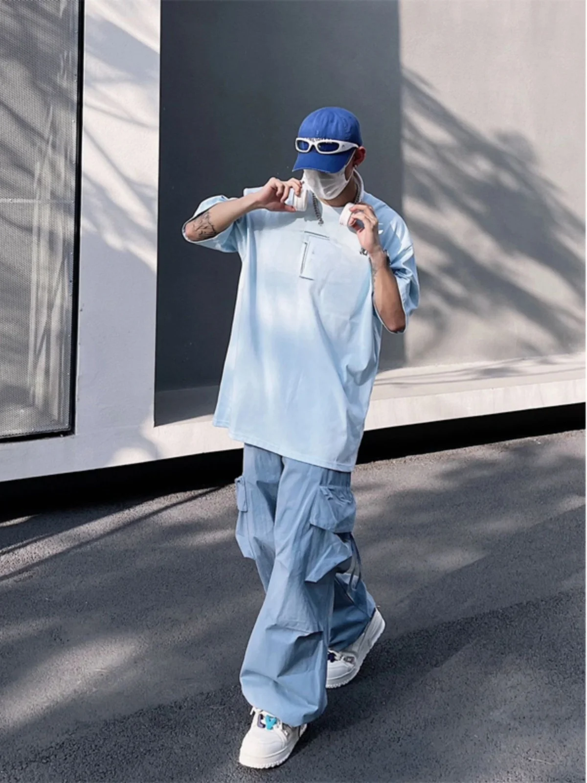 American Sle Street Dopane Men's Summer Blue Paratrooper Workwear Pants Straight Leg Wide Leg Casual Trousers