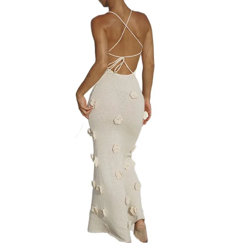 JIAYAN 2025 ฤดูร้อนผู้หญิงถัก Maxi Cami ชุด 3D ดอกไม้ Body Con ชุดยาว