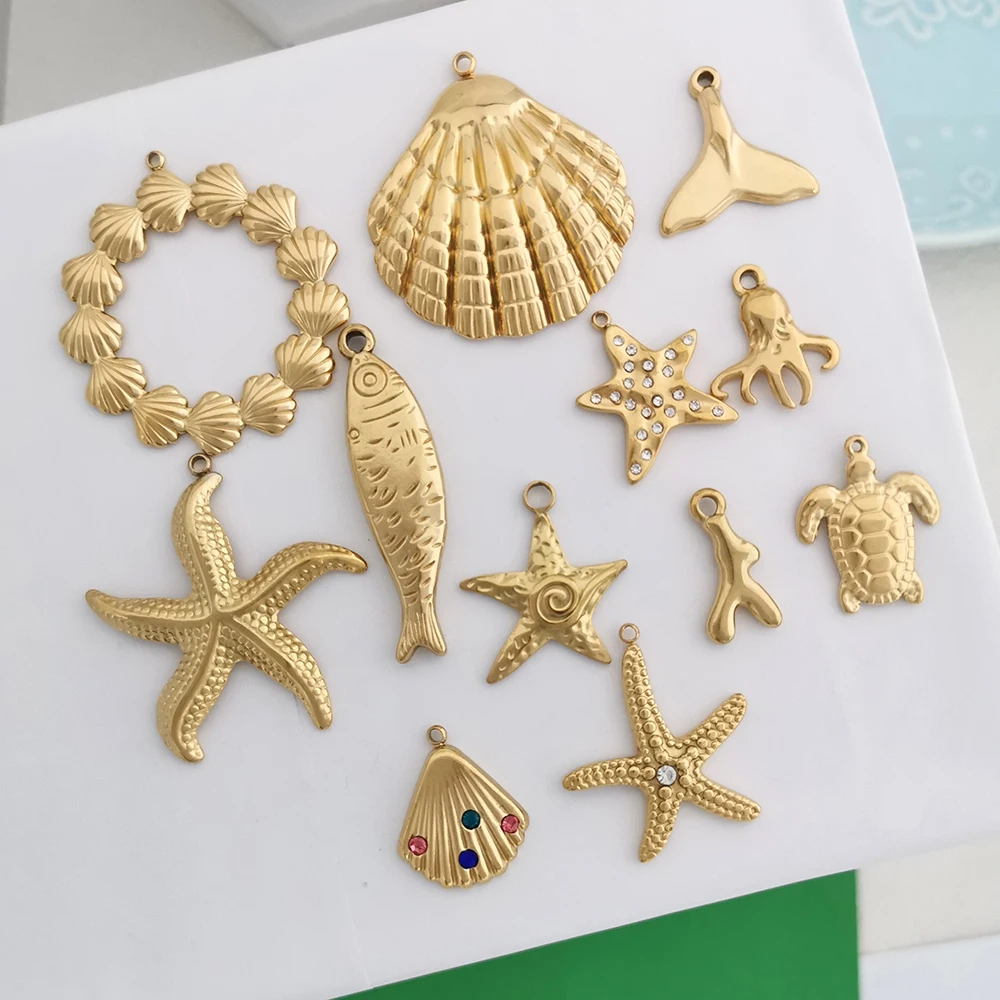 1pc QMHJE Ocean Pendant Charm Shell Seastar Fish Turtle Coral Handmade Custom Necklace Stainless Steel Pearl Ceramic Wholesale