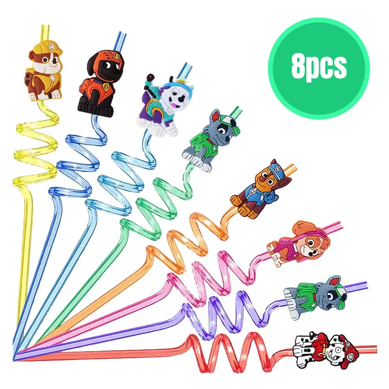 8pcs Paw Patrol Theme Straws Cartoon Ryder Chase Puppy Reusable Drinking Straws Birthday Decoration Party Supplies Baby Shower