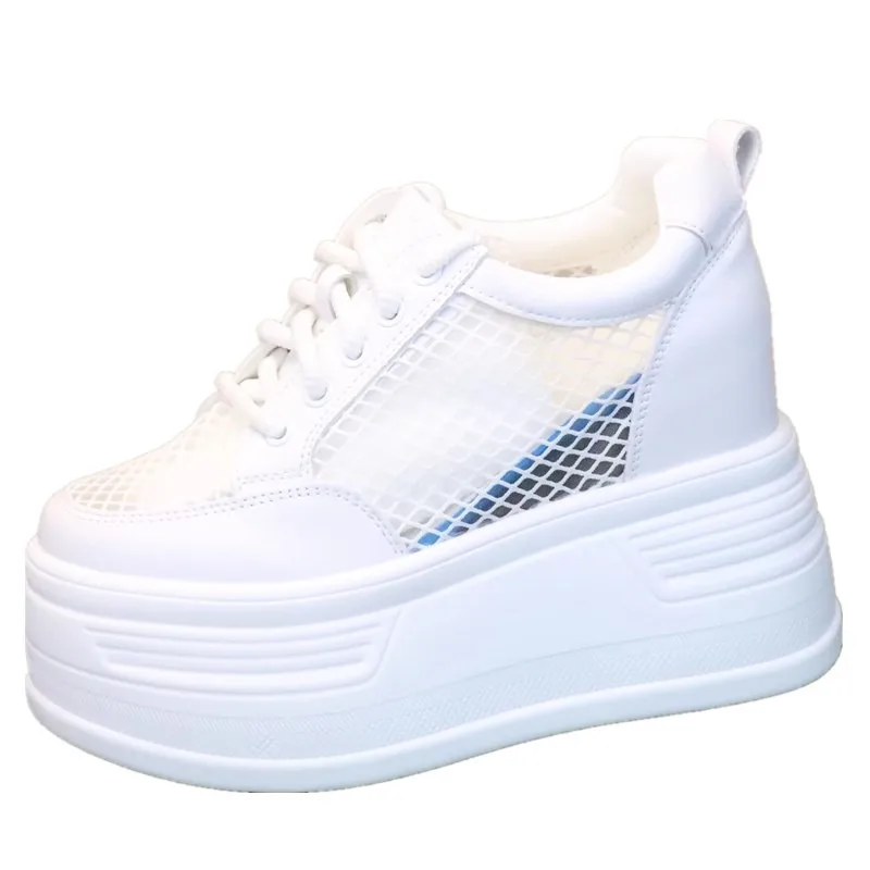 

Женские дышащие сетчатые летние новые стильные прозрачные туфли на высоком каблуке 12 см, черно-белые кроссовки на танкетке на платформе 14 см