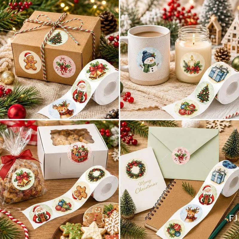 [YU]500Pcs Christmas Self Adhesive Stickers Round Sealing Labels Minimalist Xmas Pattern for Envelope Gift Wrap Decoration