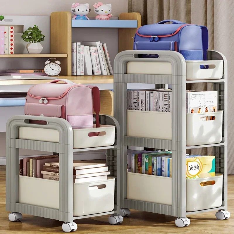 Utility Movable Shelf Cart Multi-Functional Mobile Book Organizer Floor-Mounted Storage with Wheels Rolling Utility Shelf