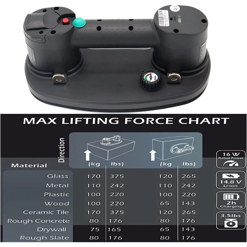 Electric Vacuum Suction Cup Lifter with 375 lb Maximum Load Capacity, Includes Battery and Seal