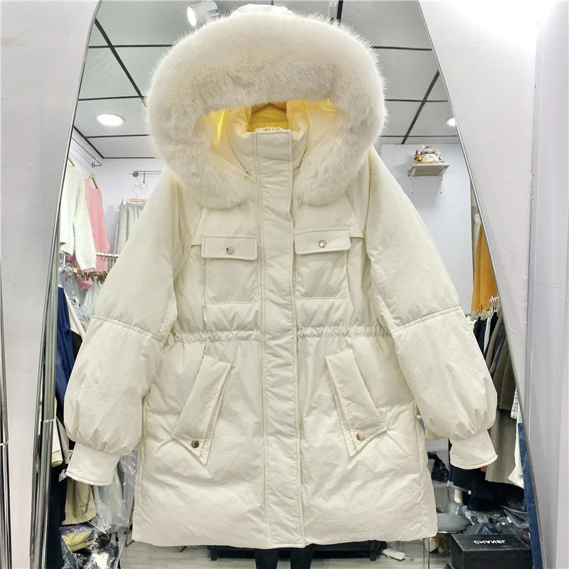 2022 Women Autumn Winter Loose Padded Zipper Solid Color Jacket Hooded Stand Fur Collar Pocket All Match White Duck Down Coat