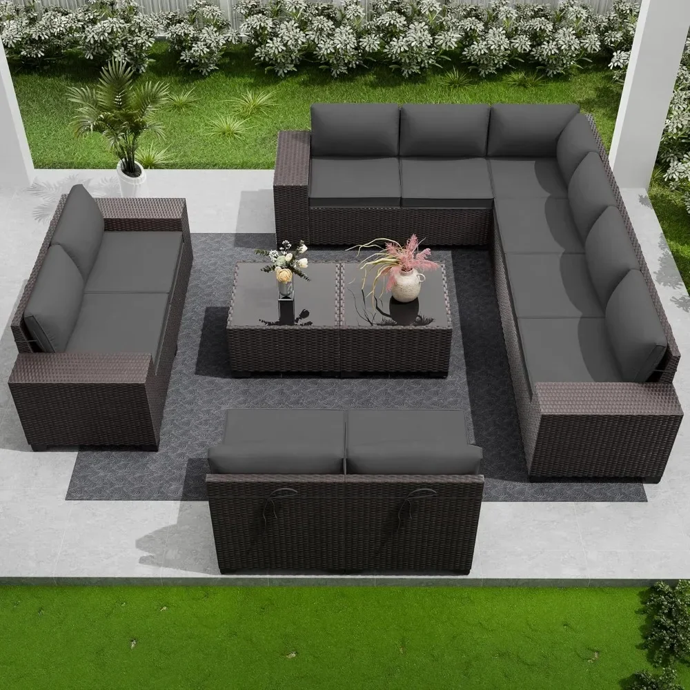 

Patio Furniture Set 12 Pieces Outdoor Furniture All Weather Patio Sectional Sofa PE Wicker Modular Conversation Sets 10 Chairs