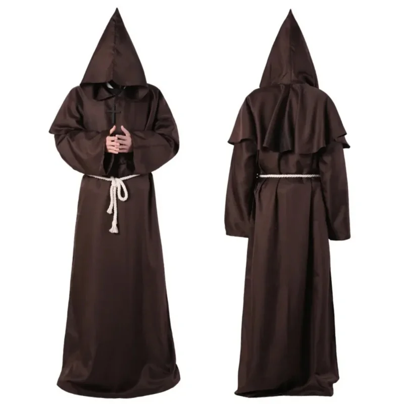 

ss13Medieval Monk Cosplay Costume Christian Friar Hooded Robe Waist Rope Cross Necklace Full Set Priest Role Play Suit Halloween