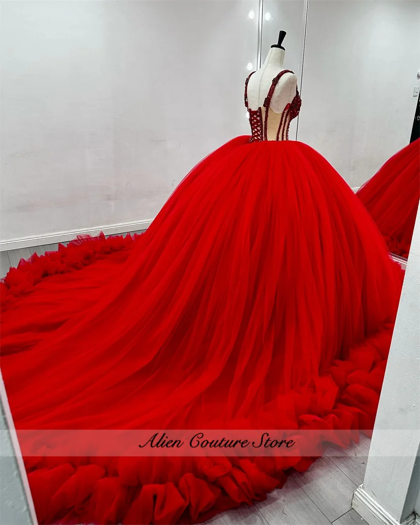 2024 Red Quinceanera Dress Ruffles With Beaded Crystal Corset Sweet 16 Birthday Party Formal Wear Dress Vestidos De 15 Años