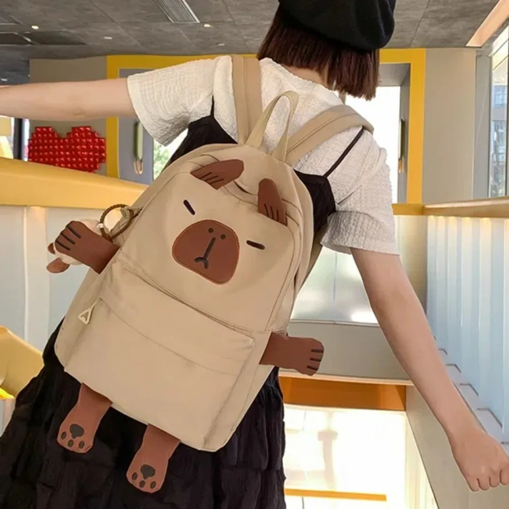 

Plush Doll Keychain Capybara Backpack Thickened Nylon Cartoon Animal Daypack Foldable Multi Functional Large Capacity School Bag