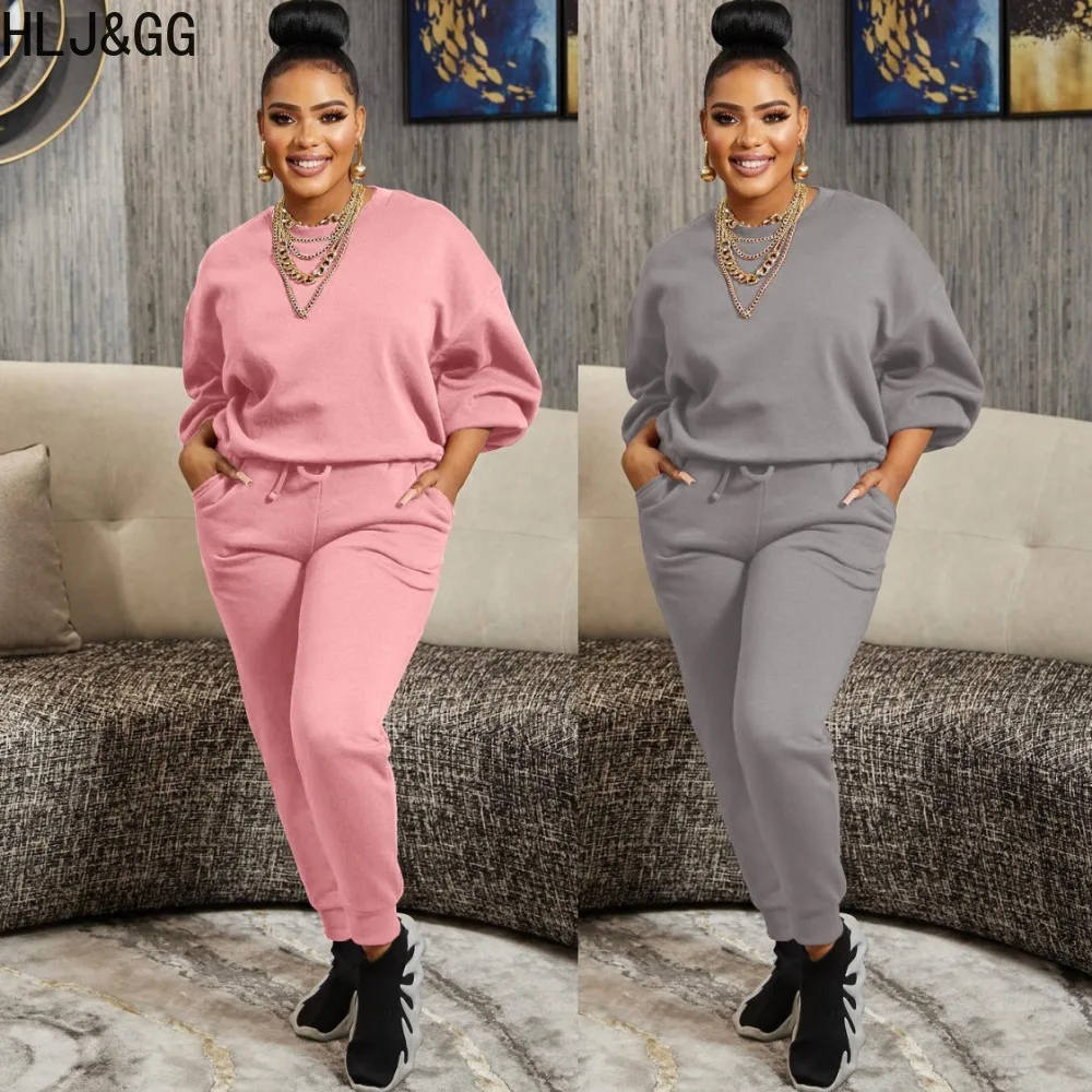 

HLJ&GG Autumn Casual Solid Color Jogger Pants Two Piece Sets Women Round Neck Long Sleeve Top And Pants Outfit Female Tracksuits