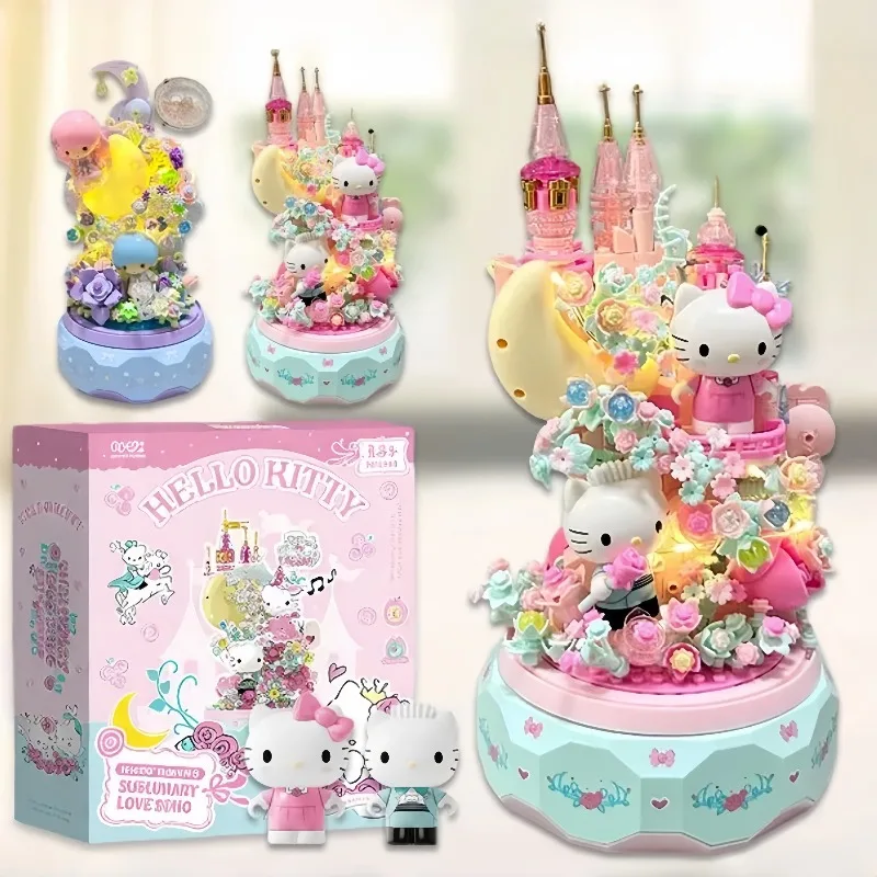 

Wonder Moon Sanrio HelloKitty Rotating Music Box Building Block Cute Little Twin Stars Assembly Model Ornament Children Toy Gift