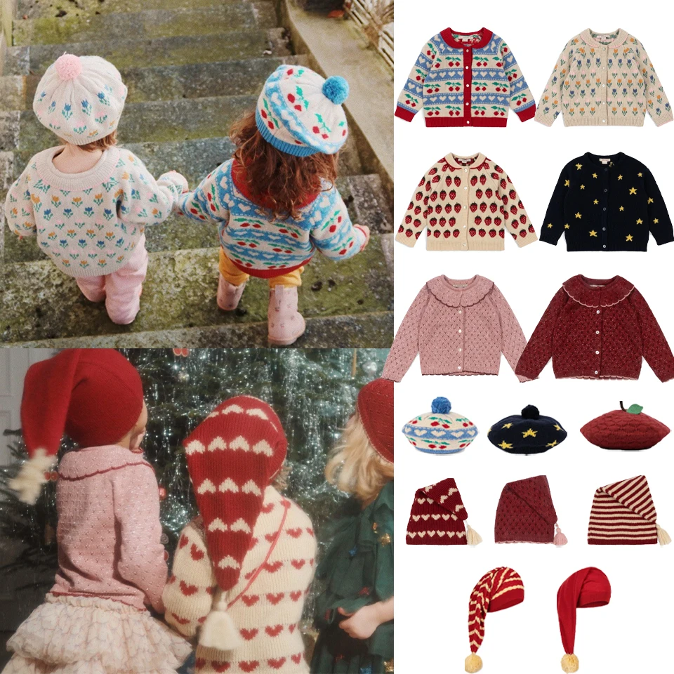 Children Clothes Set 2024 Autumn KS Girls Knitted Sweater Embroidered Kids Christmas Cardigan Baby Girl Cute Party Hat Outwear