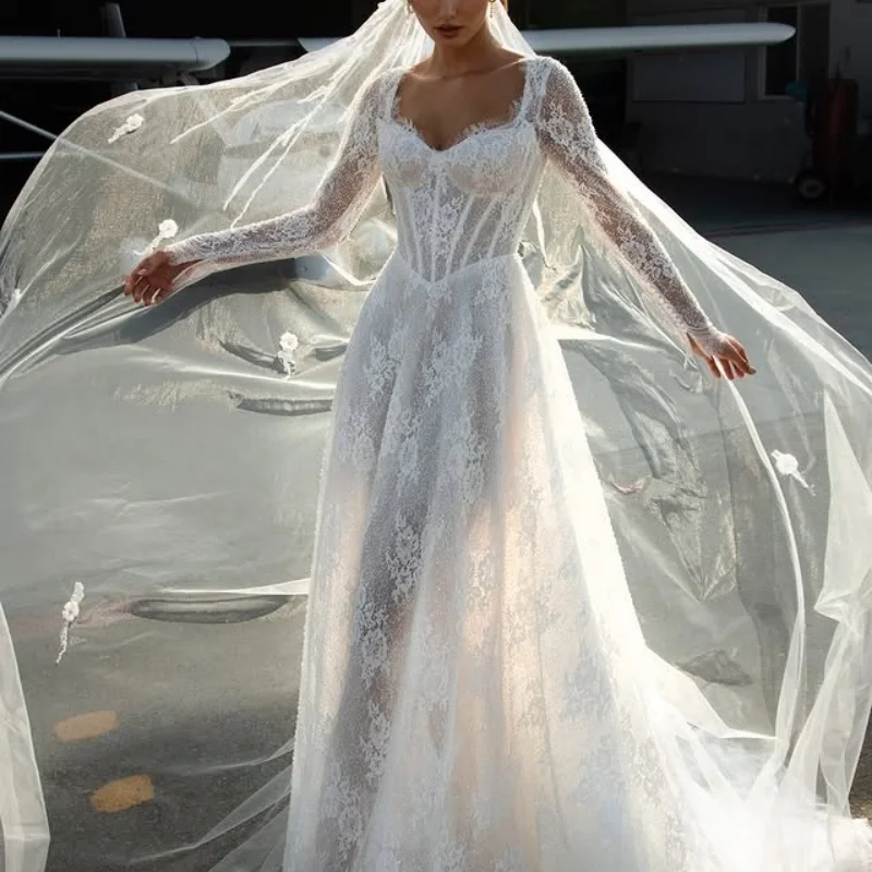 

Customized ivory Ball Gown Royal Wedding Dresses Long tail Lace applique Long sleeves Made Robe De