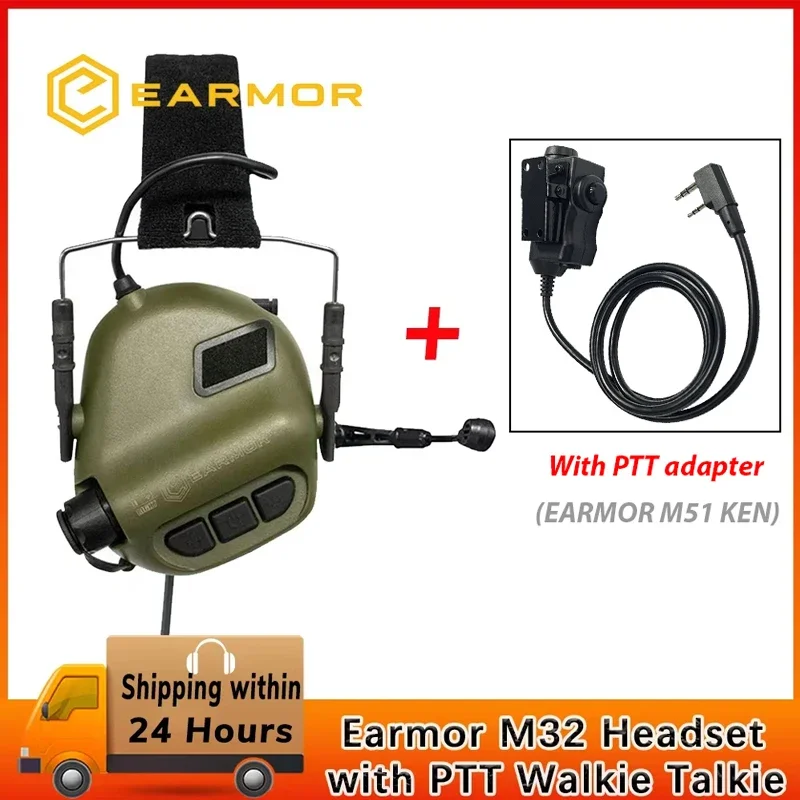 Earmor M32 headphone taktis elektronik + adaptor PTT, headphone taktis peredam kebisingan perlindungan menembak