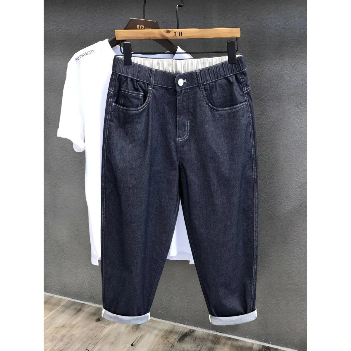 

Новые мужские джинсы Deep Blue для весны и лета: модные, универсальные, с высокой талией, свободного кроя, визуально стройнящие, в стиле Harlan, модель Cucumber Pants