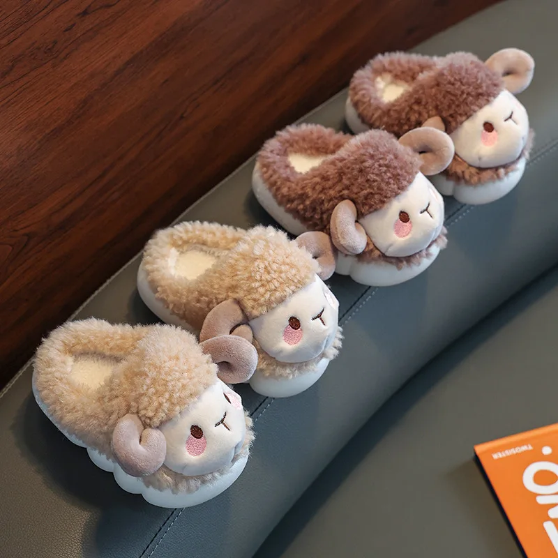 Children Slippers Indoor Plush Warm Cotton Shoes Boys Girls Cute Cartoon Sheep Home Slippers Baby Soft Sole Anti Slip Kids Shoes