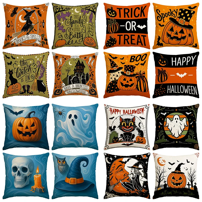 4pcs Retro Pumpkin Lantern, Witch Hat, Trick or Treat Printed Pillow Cover, Home Decor Sofa Cushion Cover (No Pillow Core)
