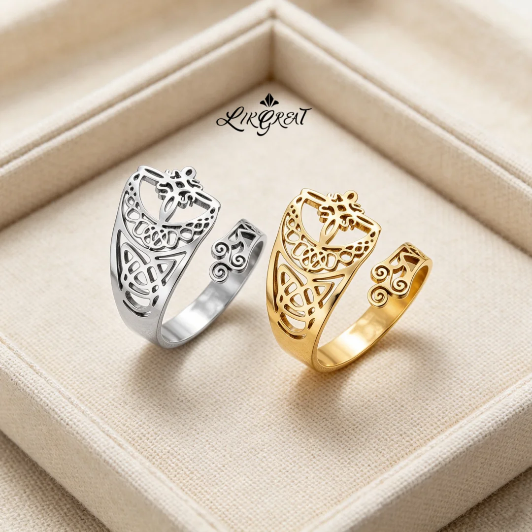 Wiccan Witch Knot Celtic Trinity Knot Open Cuff Ring Stainless Steel Adjustable Ring Pagan Spiritual Amulet Jewelry For Women