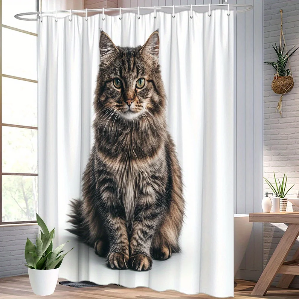 メインクーン猫シャワーカーテン-–-ブラウンブラックストライプ、グリーンアイ、2dフラットプリント、ポリエステル、グロメットトップ、71x71インチ