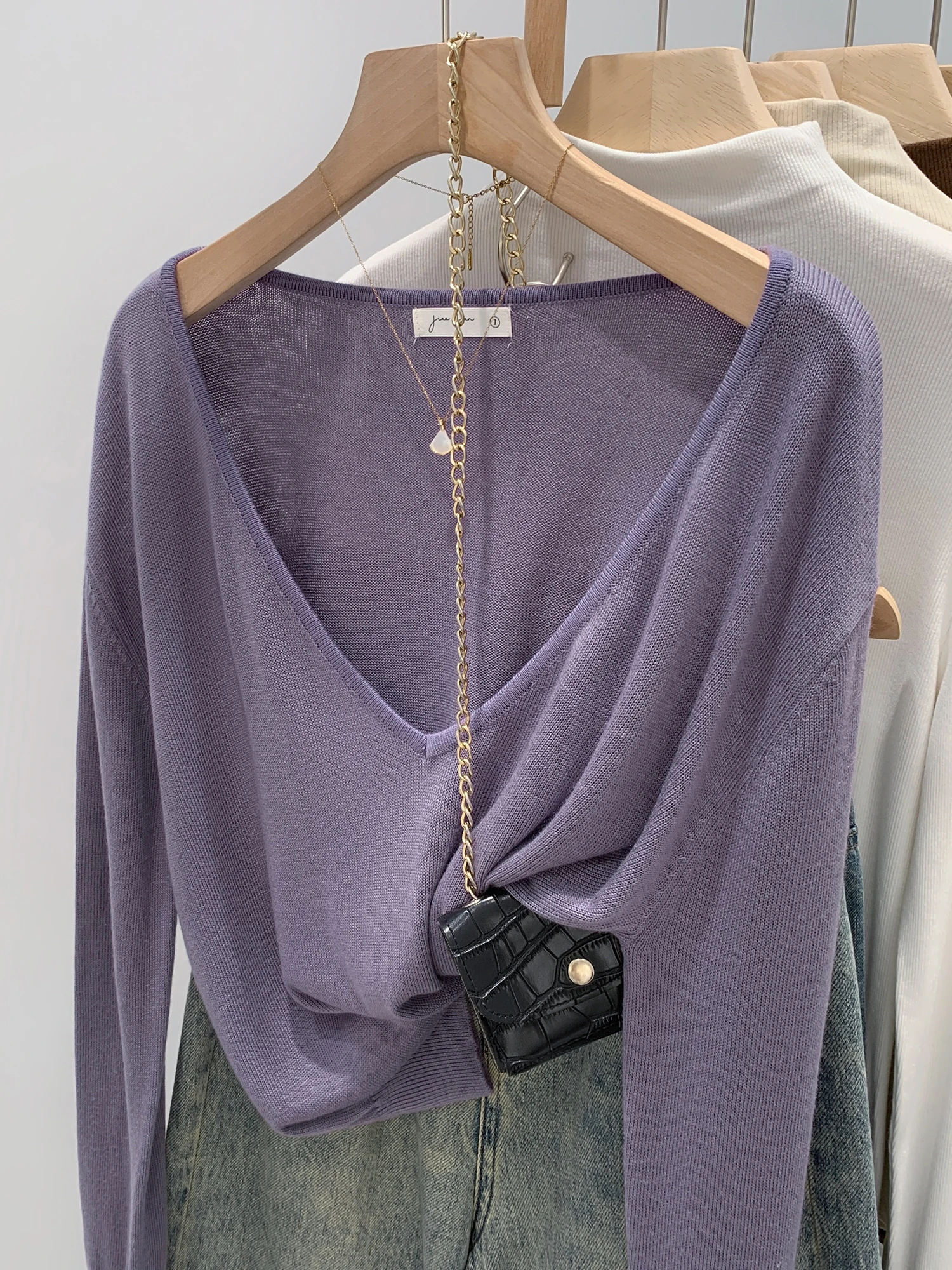 Slimming Purple V-Neck Long Sleeve Knitted Sweater Women's Loose Fit Style Korean Fashion Autumn New Arrival Single Piece