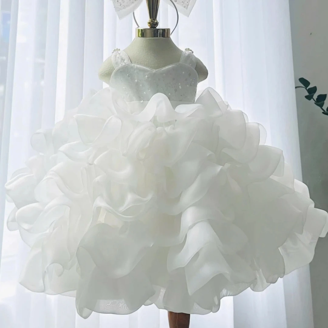 Customized Flower Girl Dress White Sequin Tiered With Bow Sleeveless For Wedding Birthday Party Banquet Holy Communion Gown