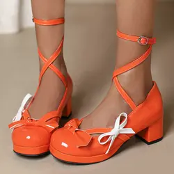 Patent PU Leather Bright Orange Yellow Green Color Girls Lolita Shoes Ankle Cross-strap Bowtie Chunky Heels Mary Janes Pumps