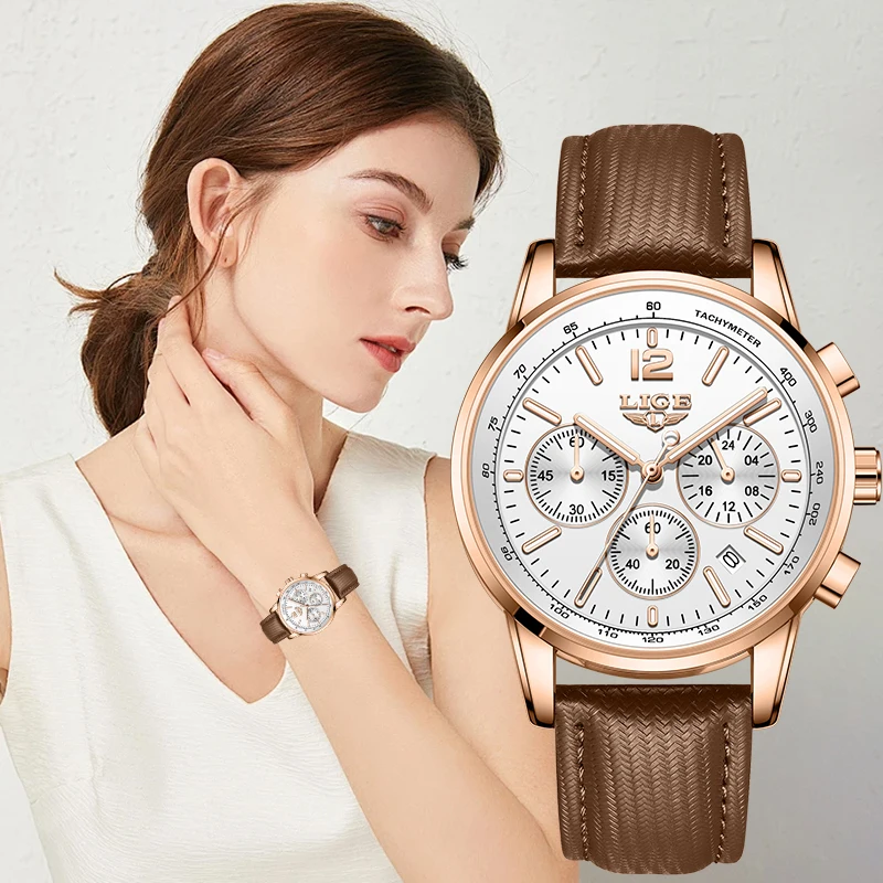 LIGE Elegant Retro Quartz Woman Watch Fashion Classic Casual Sport Simple Date Belt Strap Waterproof Luminous Women's Wristwatch