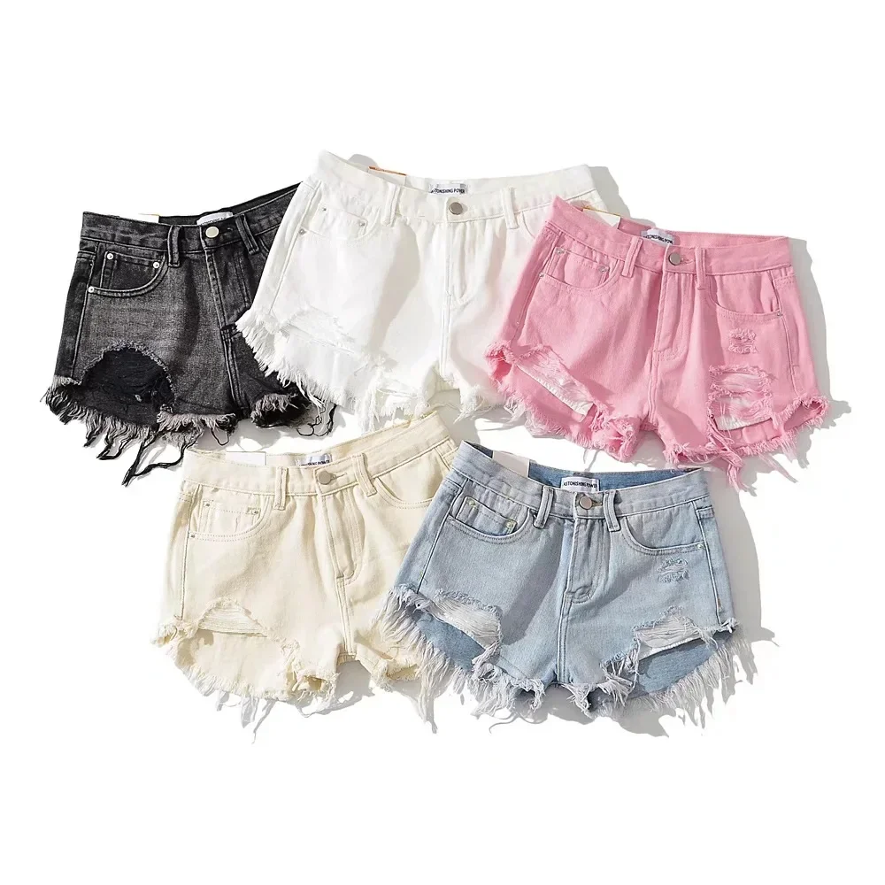 Shorts Denim Washed Women Jean High Waist Hole Spliced Slim Fit Sexy Jeans 2025 Casual Pockets Summer Short Straight Pants