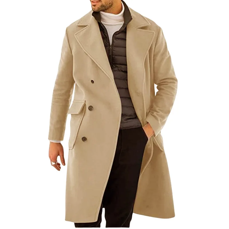 

Thiened Long Double-Breasted Men's Woolen Coat Autumn Winter New Arrival Faionable Straight- Design Casual Wear