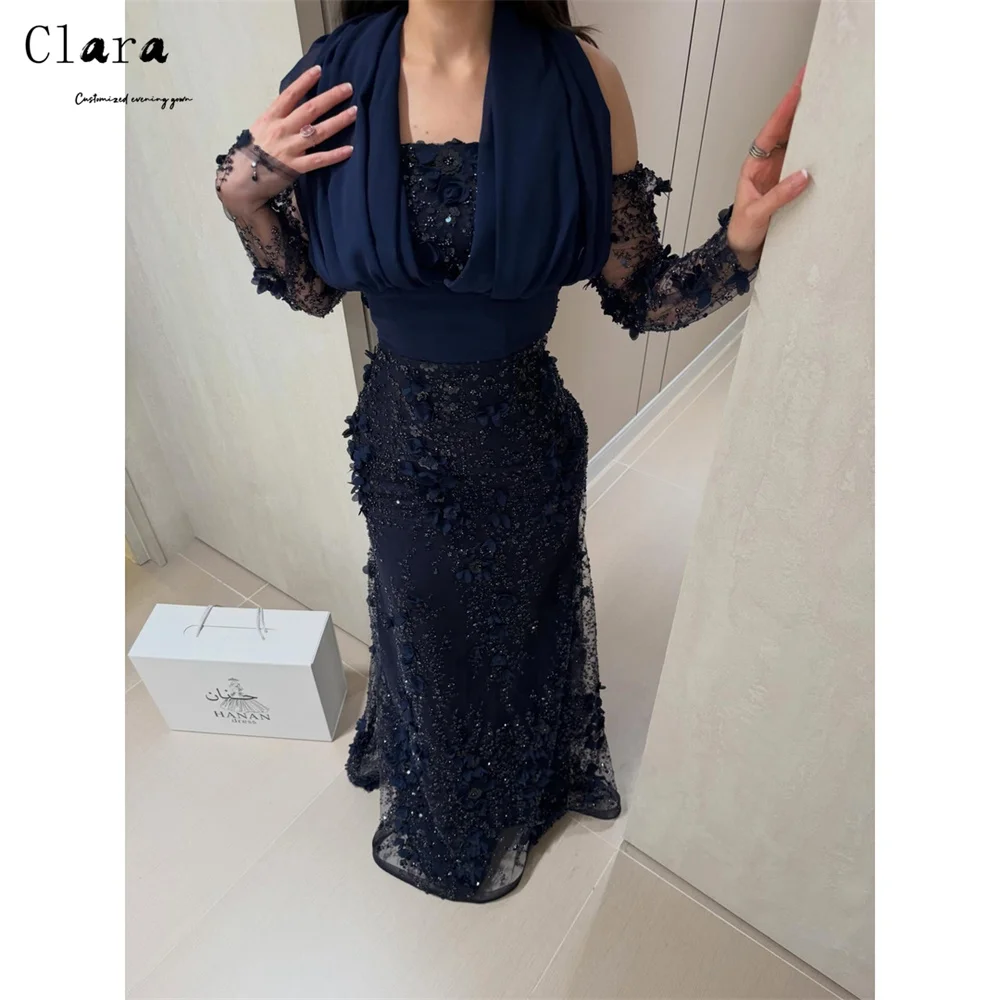 

Clara Custom Dark Blue 3D Flowers Off-shoulder Fishtail Evening Dresses for Woman Party Wedding Formal & Evening Gowns Elegant