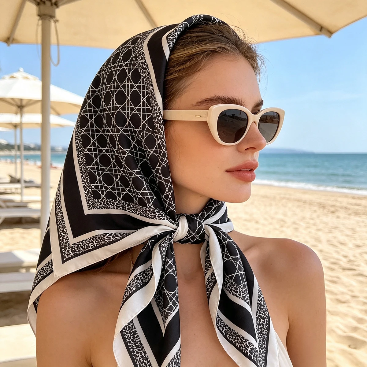 Women's 70x70cm Geometric Lines Print Square Scarf Soft Hijab Neck Decorative Ties Female Foulard Neckerchief Hair Accessory