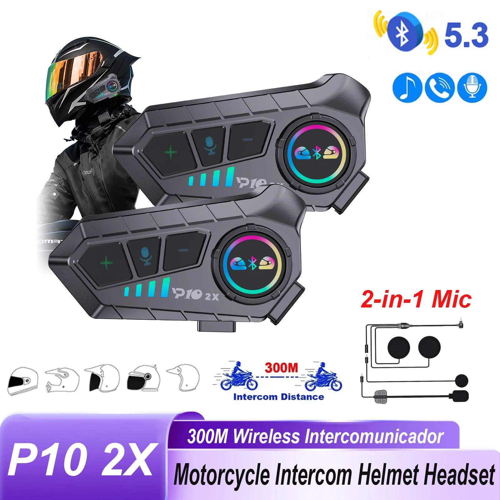 

1/2PCS Bluetooth 5.3 Motorcycle Helmet Intercom Headset For 2 Rider Wireless Handsfree Call Interphone IPX6 Waterproof Headphone