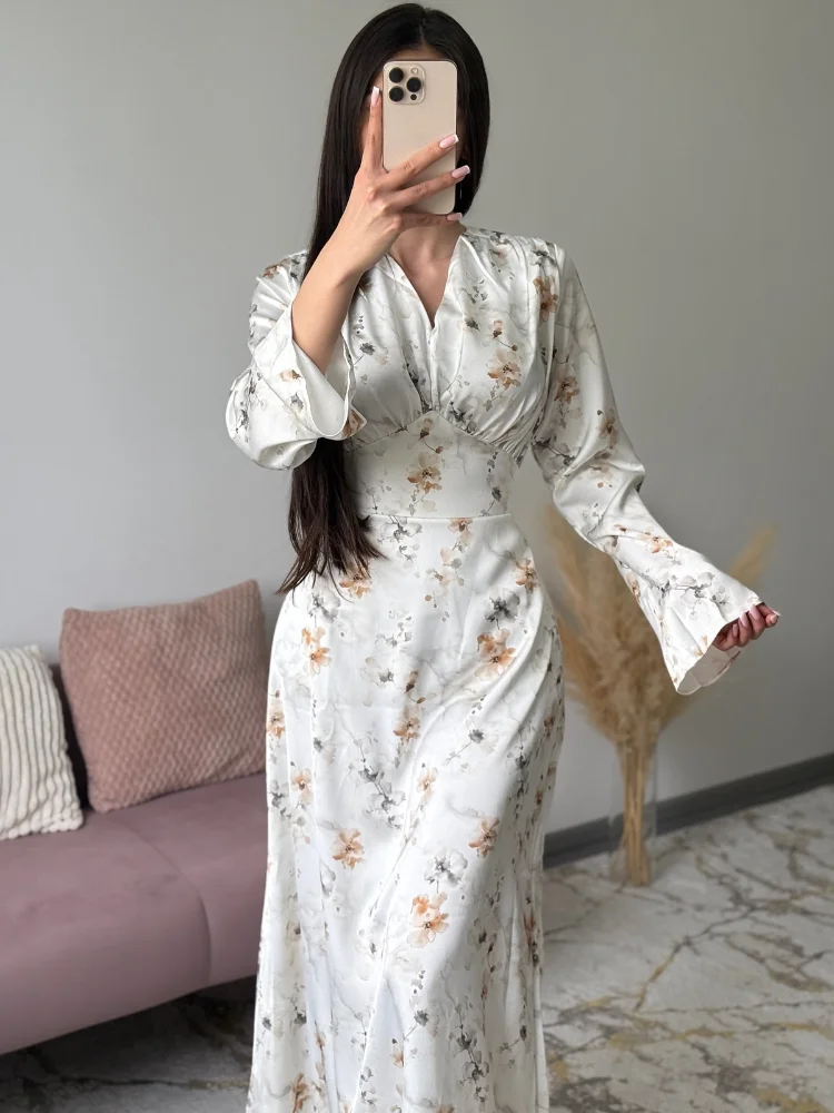 

Floral Print Maxi Elegant Dress V Neck Long Sleeve High Waist Bodycon Party Dress 2026 Spring Lady Chic Casual Evening Gown