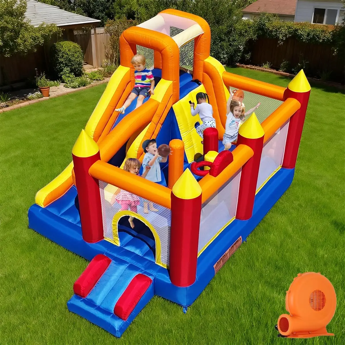 Inflatable Bounce House for Kids with Oversized 8.98x4.82 Ft Jump Area 88'' Extra-Long Slide Climbing Wall Obstacle Course