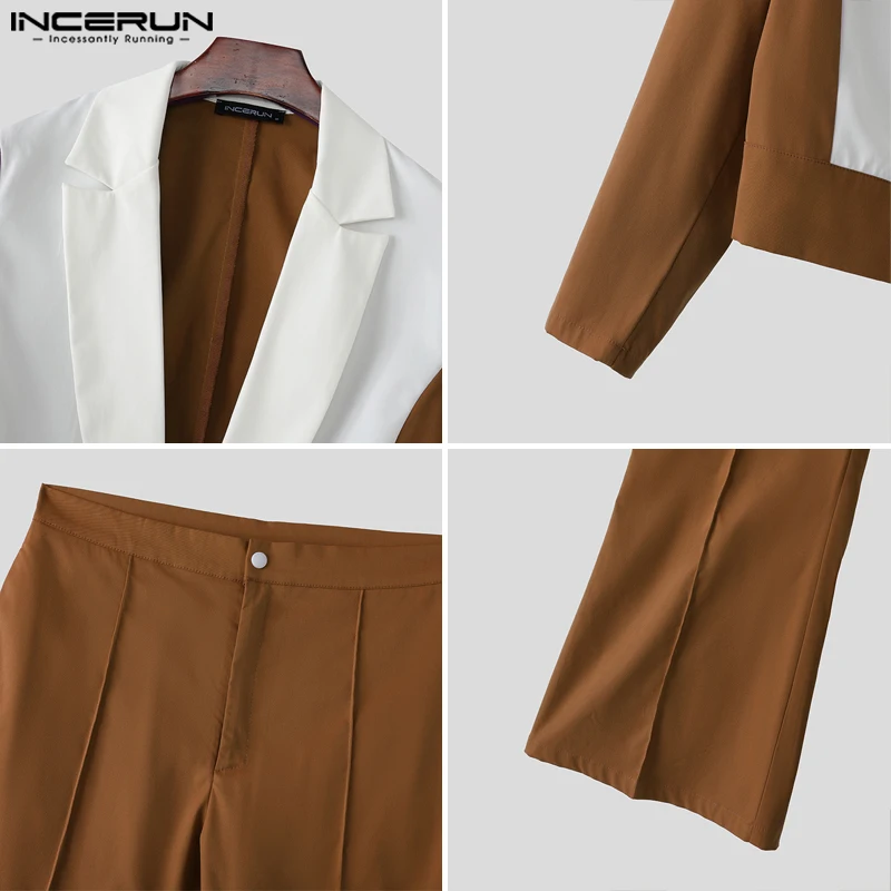 INCERUN Męskie Komplety Patchworkowe z Blokami Kolorów, Marynarka z Klapami i Długim Rękawem oraz Spodnie Rozszerzane, Dwuczęściowe Zestawy Streetwear, Moda Męska 2025