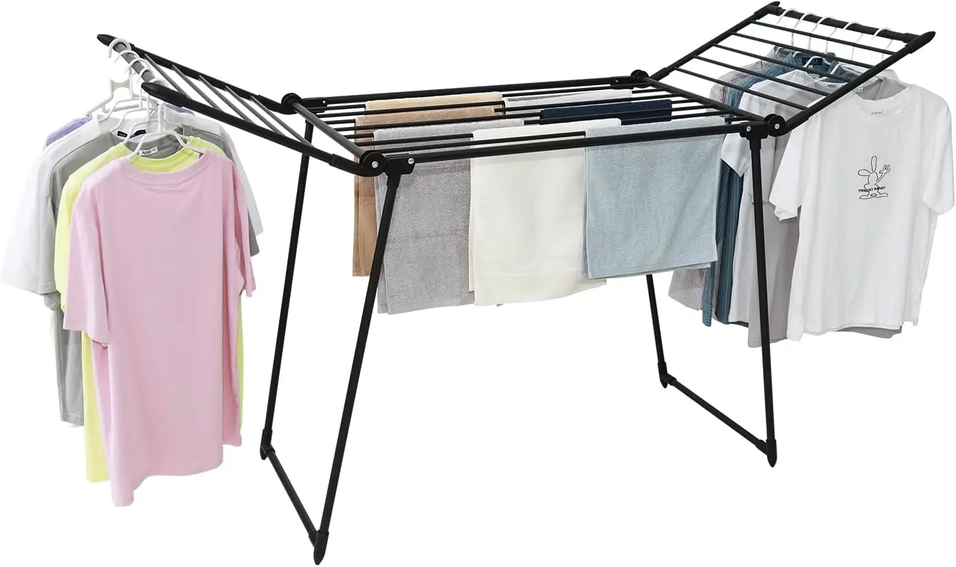 

Clothes Drying Rack, with Sock Clips & with Buckle, Metal Laundry Rack, Foldable Gullwing Design, Free-Standing Laundry