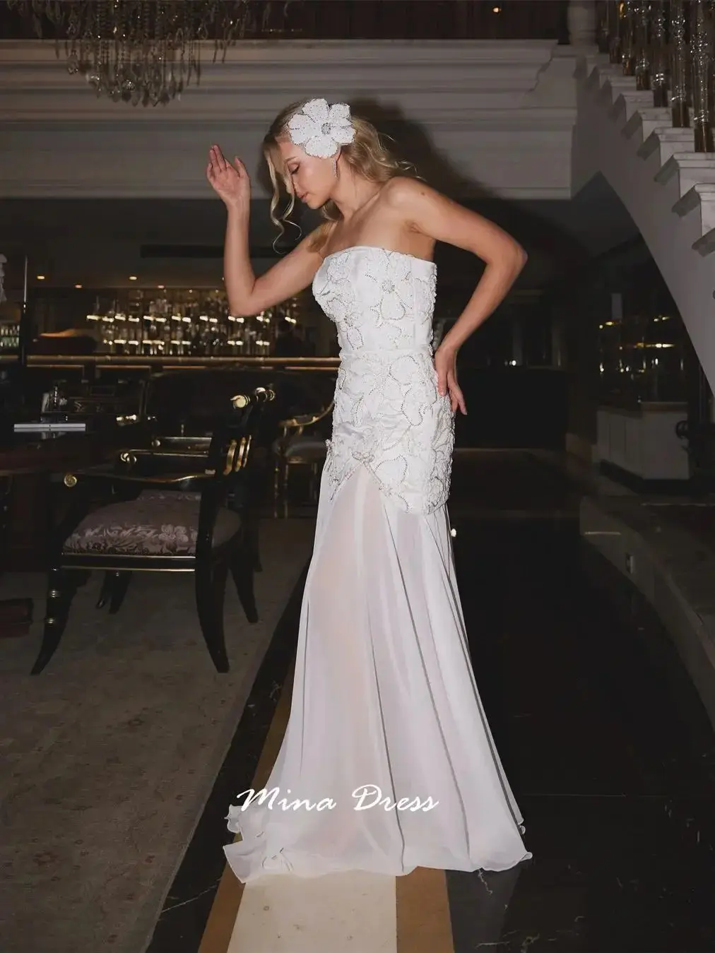 Mina Robes personnalisées en perles de fleurs 3D pour événements spéciaux, paillettes. Robe de soirée de luxe pour femmes, haut tubulaire, dos nu, robes élégantes