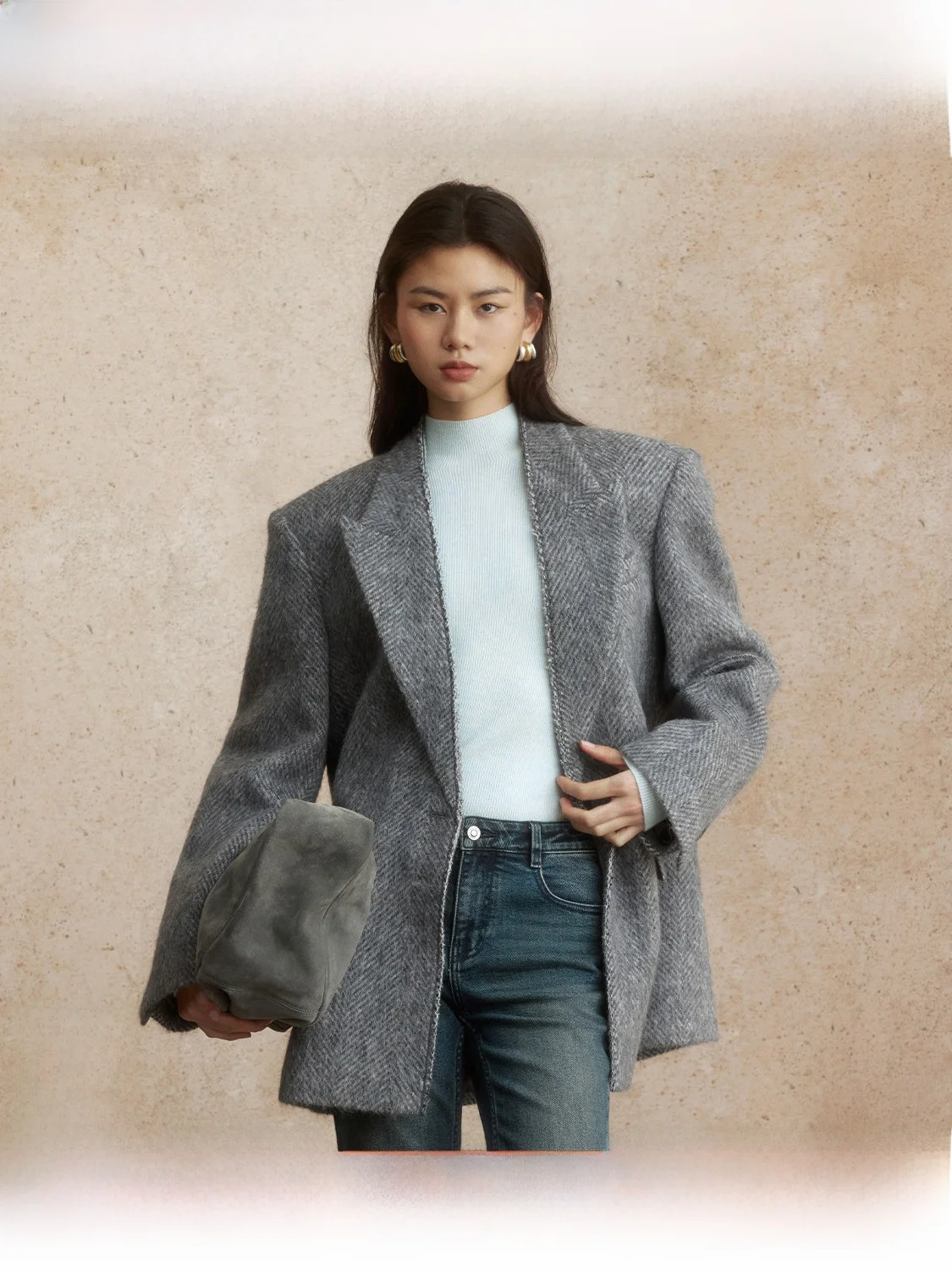 

Minimalist Grey Suit Jacket Women's Winter One Button Loose Feel ZhiZhi Apricot Beam Swallow Commute Style Wool Blend