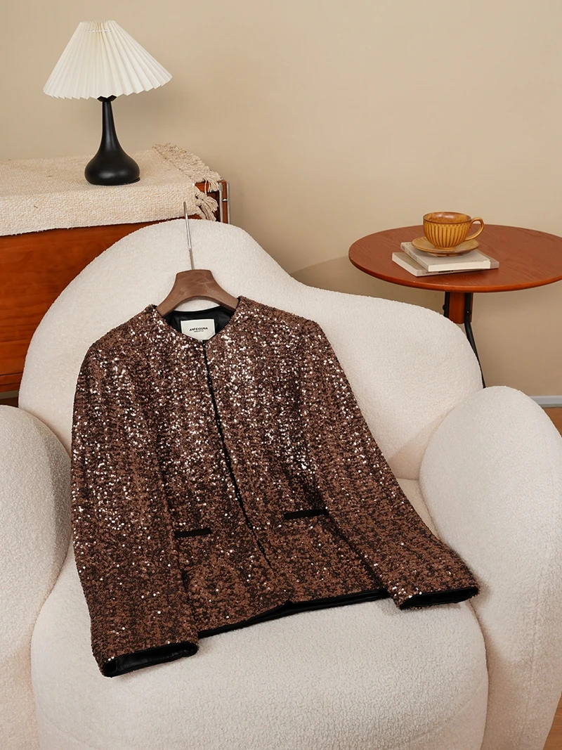 Retro ouro lantejoulas emenda couro do plutônio redondo ne casaco superior para as mulheres temporada de outono trabalho pesado sentido ele sle ort outerwear