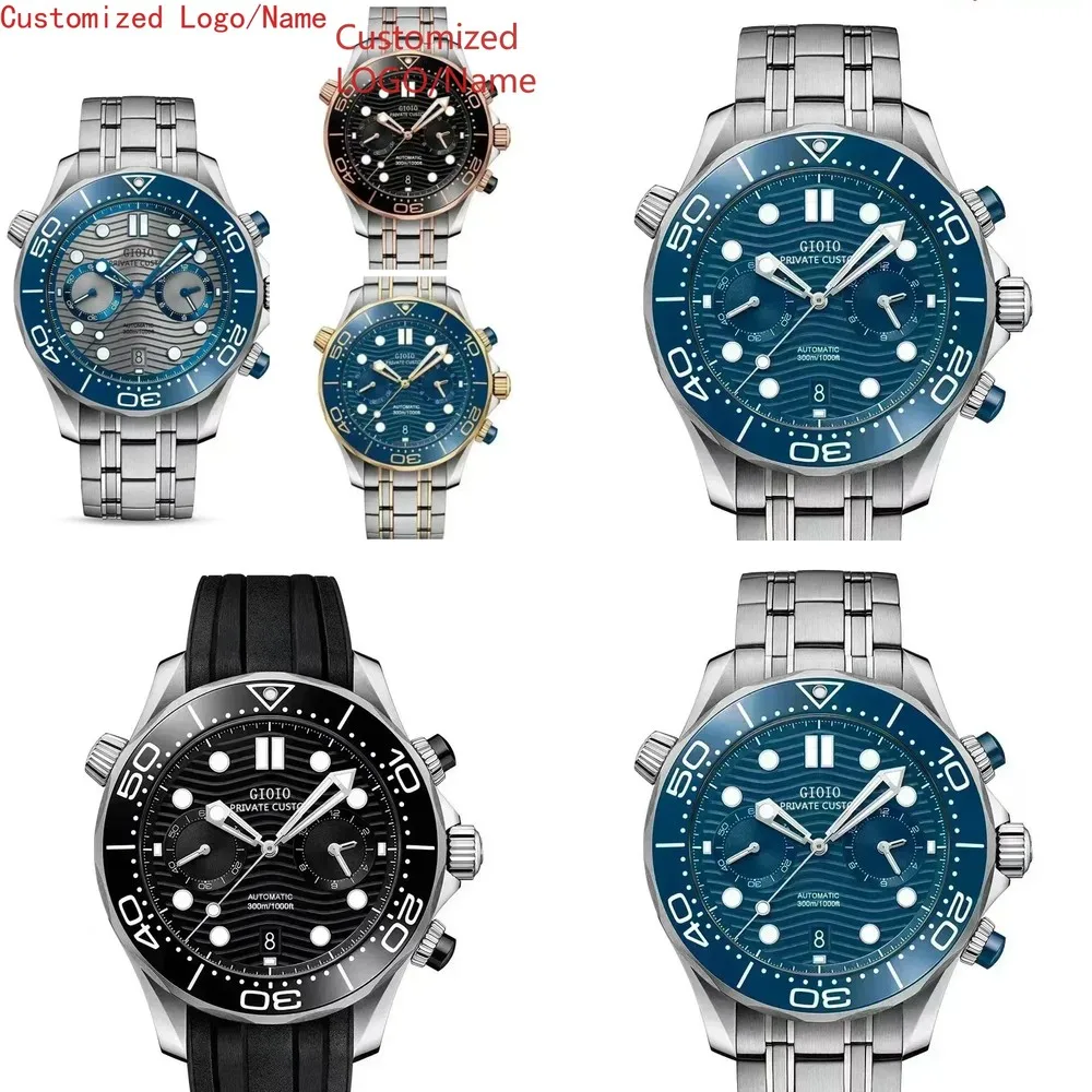 

wholesale price custom logo high quality luxury watch Men's 44mm Quartz Chronograph Luminous Rubber Black Blue