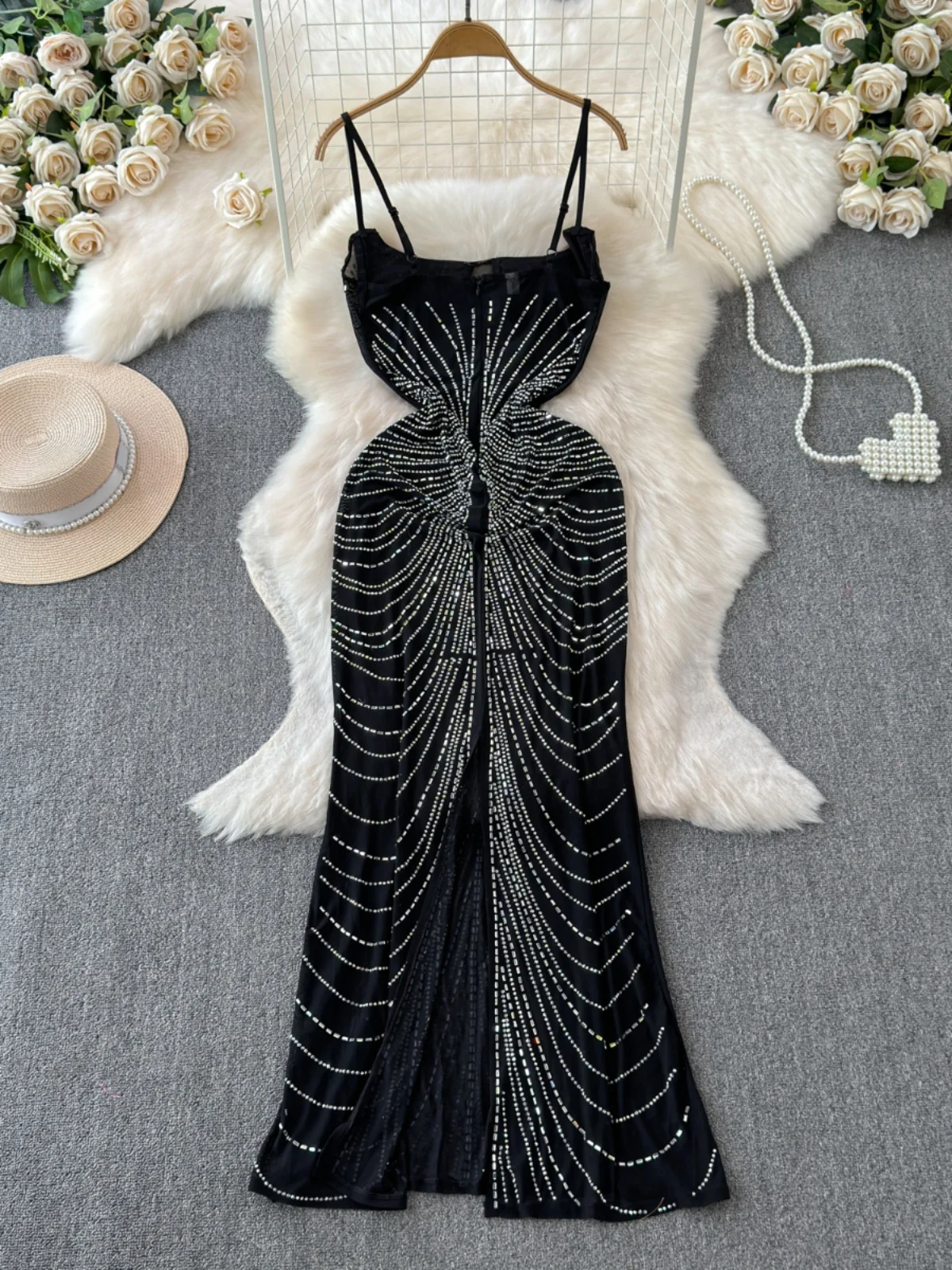   Sexy diamantbesetztes, durchsichtiges Netz-Trägerkleid, langes Dr. Damen-Sommerkleid mit hoher Taille und H-Form