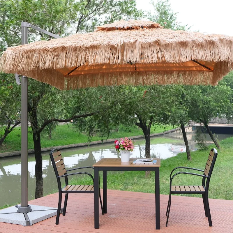 High Quality Hawaiian Style Raffia Thatch Windproof Beach Umbrella Aluminum Frame Polyester Sail Synthetic Palm Fronds